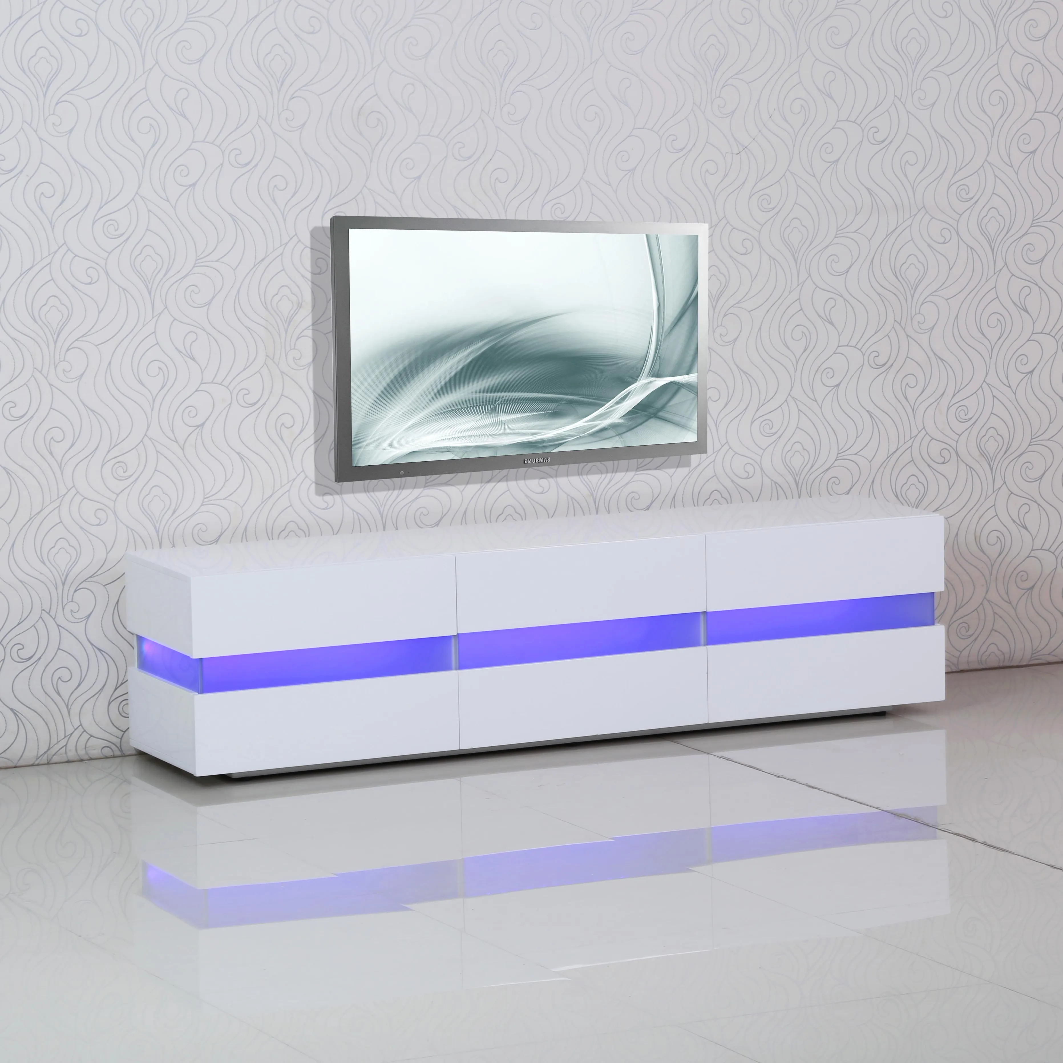 Meuble tv en bois mdf, design moderne et Simple, blanc, brillant, meuble tv en verre, éclairage led, support pour le salon, 1 pièce