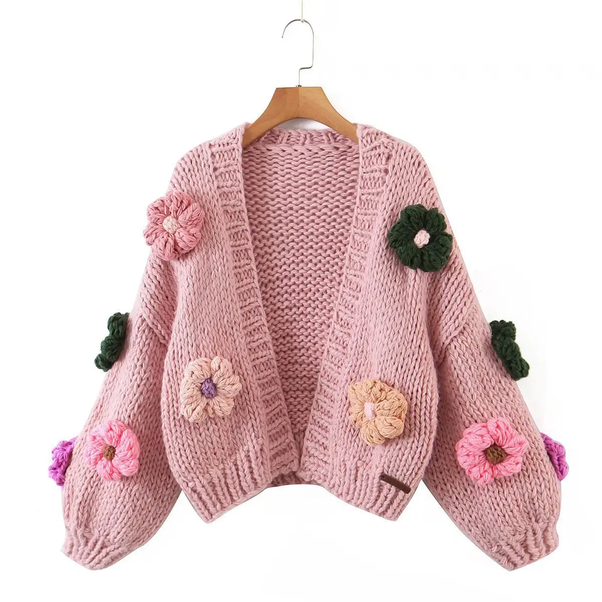 Custom V-neck Cute Flower Oversized Ladies Cardigan Womens Knitted Sweaters Custom Jmper Custom Logo Chunky Pink Coat Sweater