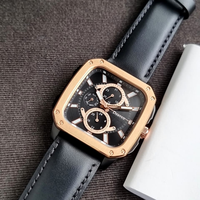 Montre à quartz pour homme, design tendance, multifonction, chronographe, bracelet en cuir, lunette en or rose, acier inoxydable, carrée, étanche