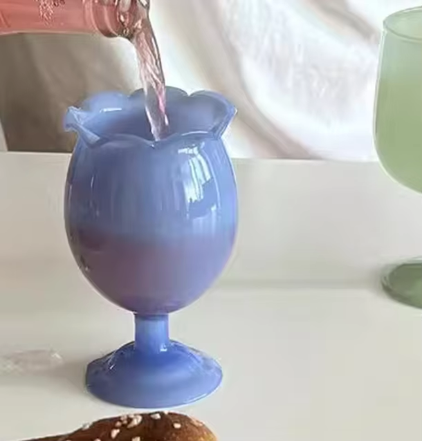 Custom Tulip Flower Rim Footed Glass Goblet, Handblown Matte Milk Glass Tulip Wine Cup