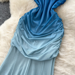 Vestido de verano para mujer, sexy, sin mangas, degradado de color, plisado, con cintura, de malla, estilo cola de pez, a la moda - Product Image 3