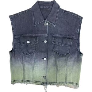 Veste de gilet en jean à franges pour femmes à la mode avec décoration de bouton conception de revers court coupe ample pour l'automne et l'été - Product Image 1