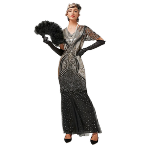 1920s Evening Prom Women V-neck Flare Sleeve Mermaid Sheath Floor-Length Natural Mesh Glitter <b>Sequin</b> Beaded Formal Party Gown - Product Image 1