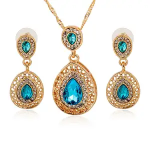 Blue Crystal Jewelry Sets Luxury Vintage Party Water Drop 3 Colors CZ Necklace&Earrings Fine Jewelry Colar Feminino