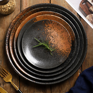 Ensemble d'assiettes et de bols en céramique Wabi Sabi, vaisselle rustique en grès, noir mat et cuivre, vaisselle de table professionnelle pour <span class=keywords><strong>restaurant</strong></span> - Product Image 1