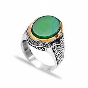 Oval Cut Green Agate Stone Black Zircon Turkish Handcraft Wholesale Authentic 925 <b>Silver</b> <b>Men</b> <b>Ring</b> <b>for</b> <b>Men</b> - Product Image 2