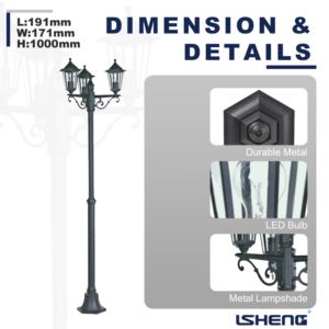 عمود إنارة خارجي أوروبي الطراز بثلاثة رؤوس من الألومنيوم بدرجة حماية IP44 مع تحكم عن بعد وإضاءة قابلة للتعتيم وضمان لمدة 3 سنوات للحدائق - Product Image 5