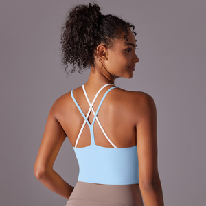 Wholesale Women Contrast Color Criss Cross <b>Back</b> Sports Tank <b>Top</b> Quick Dry Stretch Removable Chest Pad Fitness Yoga Crop Vest - Product Image 2