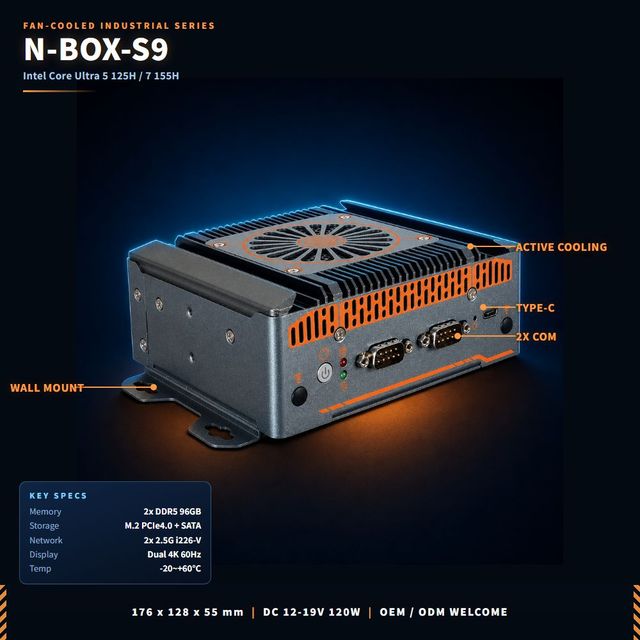 Industrial Mini PC Intel Core Ultra 7 155H 2x DDR5 96GB PCIe4.0 2x 2.5G LAN Dual 4K 2x COM Type-C Box Computer N-BOX-S9
