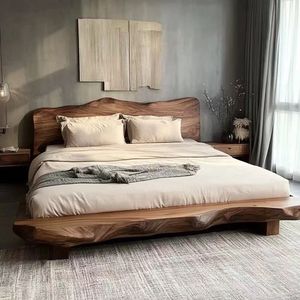 Cama de Madera Maciza de Caoba, Diseño de Base Baja, Muebles de Dormitorio de Hotel, Estilo Chino Minimalista Moderno - Product Image 5