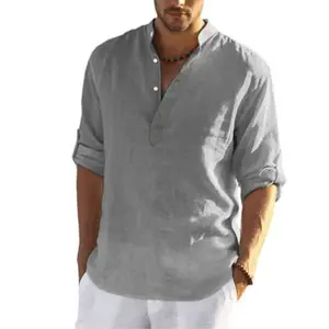 New Fashion Men Spring Cotton Linen Pure Color Button Mandarin Collar Cotton Linen Boho Shirts