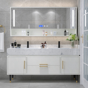 Solid Wood Farmhouse Bathroom <b>Vanity</b> Ceramic Basin LED Integrated Modern <b>Light</b> Luxury Smart Mirror Wall-Mounted Hotel Cabinet - Product Image 2