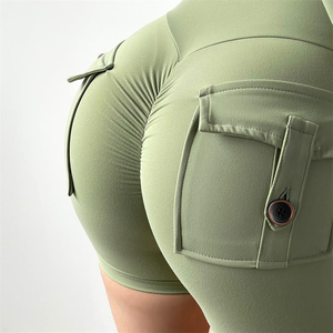 Short de gymnastique de <span class=keywords><strong>yoga</strong></span> et de course à pied jaune pour femme avec poches arrière 3D Scrunched Butt Design Respirant Ropa Deportiva Mujer - Product Image 4