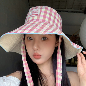 Chapeau bob à large bord à carreaux de style coréen pour femmes, protection solaire estivale, chapeau de pêcheur respirant avec design à nouer autour du cou - Product Image 2