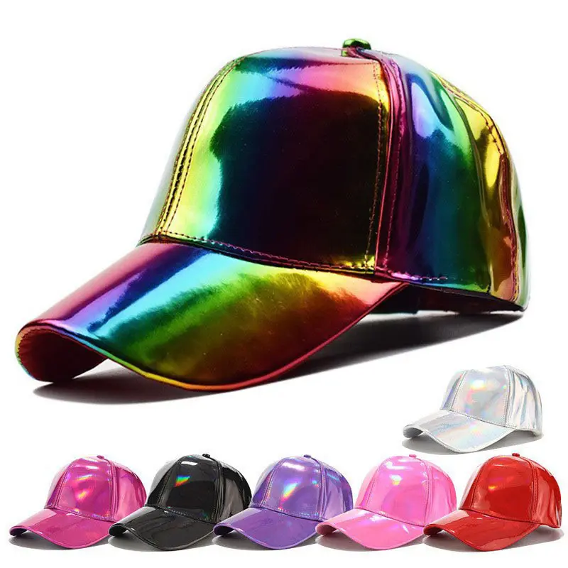 Wholesale Custom logo Laser Cap Leather Rainbow Reflective Hats Amazon hot sale Cool PU baseball Cap