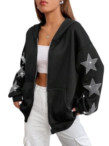 Sweat à capuche zippé 100% coton polaire de haute qualité à la mode Sweat à capuche zippé en strass avec diamant brillant et logo personnalisé pour femmes - Product Image 2