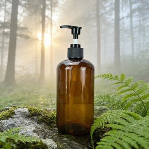 Botella de Plástico PET para Gel de Ducha Verde Ámbar con Bomba Dosificadora, Logotipo Serigrafiado, 250ml 300ml 500ml, Botella de Plástico para Acondicionador Cosmético - Product Image 2
