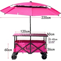 Chariot de camping pliable rose en métal à quatre roues, hauteur réglable 60 pouces, avec auvent de table et pare-soleil, capacité de charge 250 kg