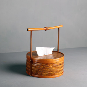 Solo Rhyme Bamboo Woven Tissue Box Round Handmade New Chinese Style Living Room Decor Multipurpose Flat Paper Storage - Product Image 1