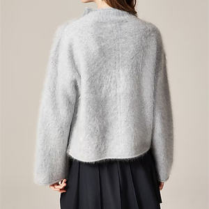 Женский укороченный свитер свободного кроя из мохера с эффектом кашемира, в стиле минимализм, серо-розовый, с воротником-стойкой, высокая эстетика, для миниатюрных женщин - Product Image 2