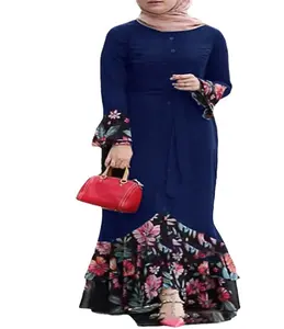New Black Kaftan Islamic Maxi Dress Long Sleeve Arab Jilbab Abaya Long Elegant Muslim Dress Floral Muslim Dress