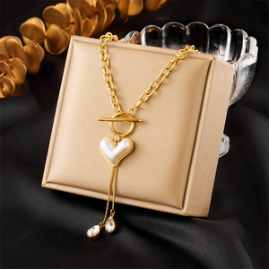 European American Style Retro Pearl Heart Tassel Chain Stainless Steel Gold Plated Necklace Gift - Product Image 1