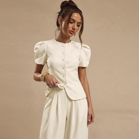 Nouvelle Blouse Élégante Femme Style Français Manches Ballon Courtes Boutonnée Coupe Droite en Polyester pour Bureau, Fête et Tenues Décontractées