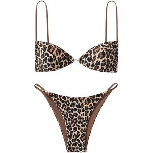Ensemble de bikini personnalisé pour femmes, imprimé léopard, deux pièces, maillot de bain halter, extensible, spandex, polyester, soutien-gorge triangle - Product Image 6