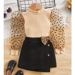 2024 Populaire Babykleding Meisjes Contrasteren Dobby Mesh Poff Mouw Top Strik 2 Stuks Babykleding Meisjes Elegante Kleding