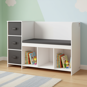 Banc de rangement blanc pour enfants avec 6 compartiments, 3 tiroirs, coussin de siège amovible, coin lecture, étagère pour chambre de tout-petit - Product Image 2