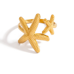 แหวนสแตนเลสสตีลสไตล์ยุโรป ดีไซน์เปลือกหอยและปลาดาว ชุบทอง 18k ปรับขนาดได้ เครื่องประดับแฟชั่นสำหรับผู้หญิง - Product Image 5