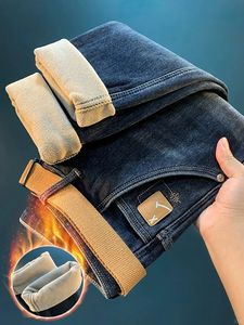 <span class=keywords><strong>Pantaloni</strong></span> Casual Comodi e Morbidi per <span class=keywords><strong>Uomo</strong></span>, <span class=keywords><strong>Jeans</strong></span> Invernali Foderati in Pile Antivento e Caldi, Vestibilità Slim - Product Image 1