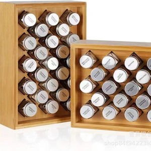Caja de especias de madera, estante de almacenamiento de bambú, organizador de múltiples compartimentos, estante vertical para encimera de cocina, tapa metálica hermética - Product Image 1