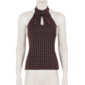 Débardeur Halter Sans Manches à Nœud et Découpes, Coupe Ajustée, Motif Carreaux, Style Rétro Français Y2K, Tendance Décontractée et Élégante - Product Image 6