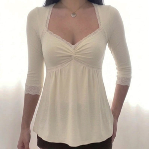 Blusa de punto con cuello en V y lazo frontal para mujer, manga tres cuartos, estilo babydoll, línea A, informal y a la moda - Product Image 1