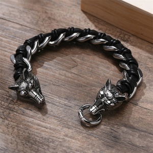 HipHop Wolf Head Bracelet Black Oil Grease Stainless Steel Cuban Chain Leather Bracelet <b>for</b> <b>Men</b> - Product Image 4