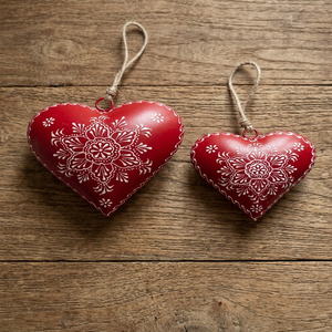 <b>Red</b> Heart Metal <b>Ornaments</b> with White Embossed Floral Design for Valentine's Day Decor - Product Image 2