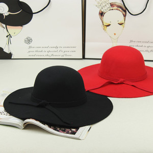 Lady Fedora Hat Wide Brim 100% Acrylic Black <b>Red</b> Autumn Winter European Style Casual Adult Women's Hat - Product Image 1