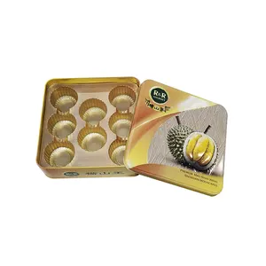 Grosir Kotak Kaleng Cetakan Kustom Biskuit Kue Bulan Durian Persegi Kosong dengan Tutup Blister dan Embossing Emas