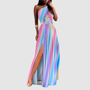 Robe de soirée élégante multicolore asymétrique plissée avec fente, haute qualité, tendance - Product Image 3