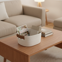 Panier de rangement en coton avec poignée en cuir pliable pour le salon et la chambre à coucher, cadeau de rangement pour la maison