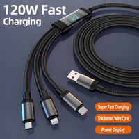 Câble de charge rapide 3 en 1 120W avec affichage numérique, cordon de charge USB tressé en nylon pour téléphone portable de type C Micro