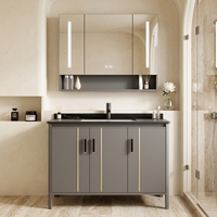 Meuble-lavabo de salle de bain moderne noir et or en aluminium, avec vasque encastrée en pierre frittée, miroir intelligent LED anti-buée et armoire
