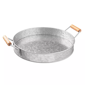 Grand plateau de Service décoratif rond <span class=keywords><strong>en</strong></span> métal galvanisé avec poignée <span class=keywords><strong>en</strong></span> <span class=keywords><strong>bois</strong></span>, vente <span class=keywords><strong>en</strong></span> gros - Product Image 1