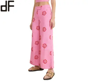 Loose-Fitting Bell-Bottom Trousers With Pink Hibiscus Flower Embroidery Button And Zip Closure Pants