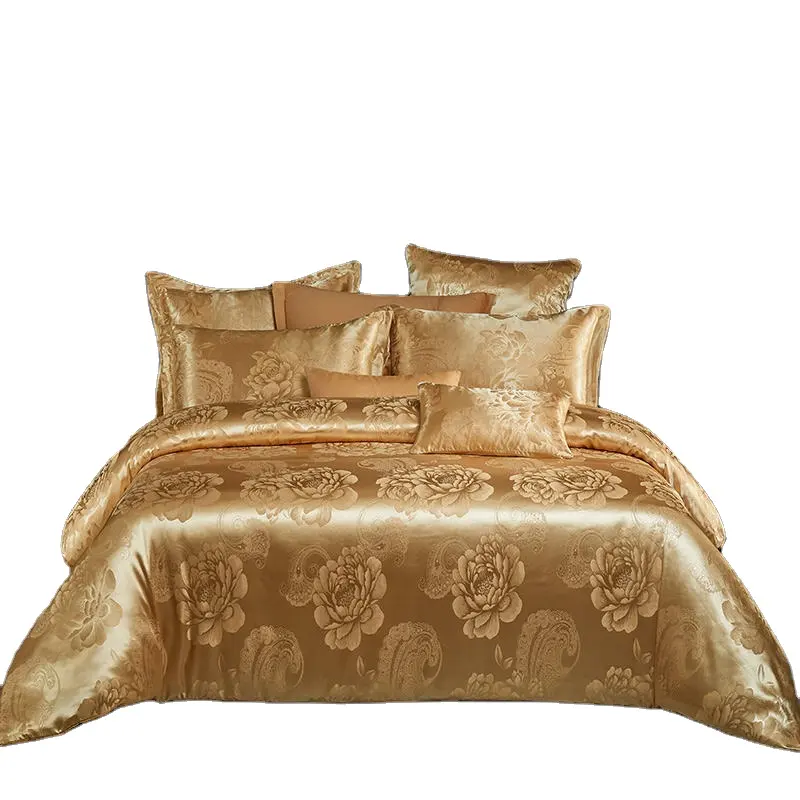 Jogo de cama jacquard, conjunto de 3 peças de cama de algodão e cetim com cores douradas