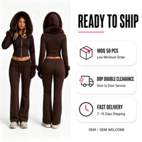 Ensemble 2 pièces personnalisé OEM ODM pour femme : sweat à capuche court entièrement zippé et pantalon de survêtement évasé à cordon de serrage, style streetwear Y2K, survêtement d'hiver