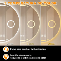 Miroir de salle de bain LED rond en forme de lune, commande tactile, miroir intelligent avec miroir grossissant, fonction mémoire, miroir de vanité éclairé