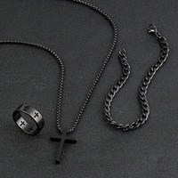 Nouvel Arrivage Tendance : Ensemble de Bijoux en Acier Inoxydable avec Pendentif Croix – Collier, Bracelet, Bague – Style Hip Hop pour Hommes – Vente en Gros