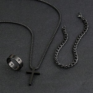 ステンレス製クロスペンダントジュエリーセット、ネックレス、ブレスレット、指輪、ヒップホップメンズファッションジュエリー卸売、新入荷 - Product Image 3